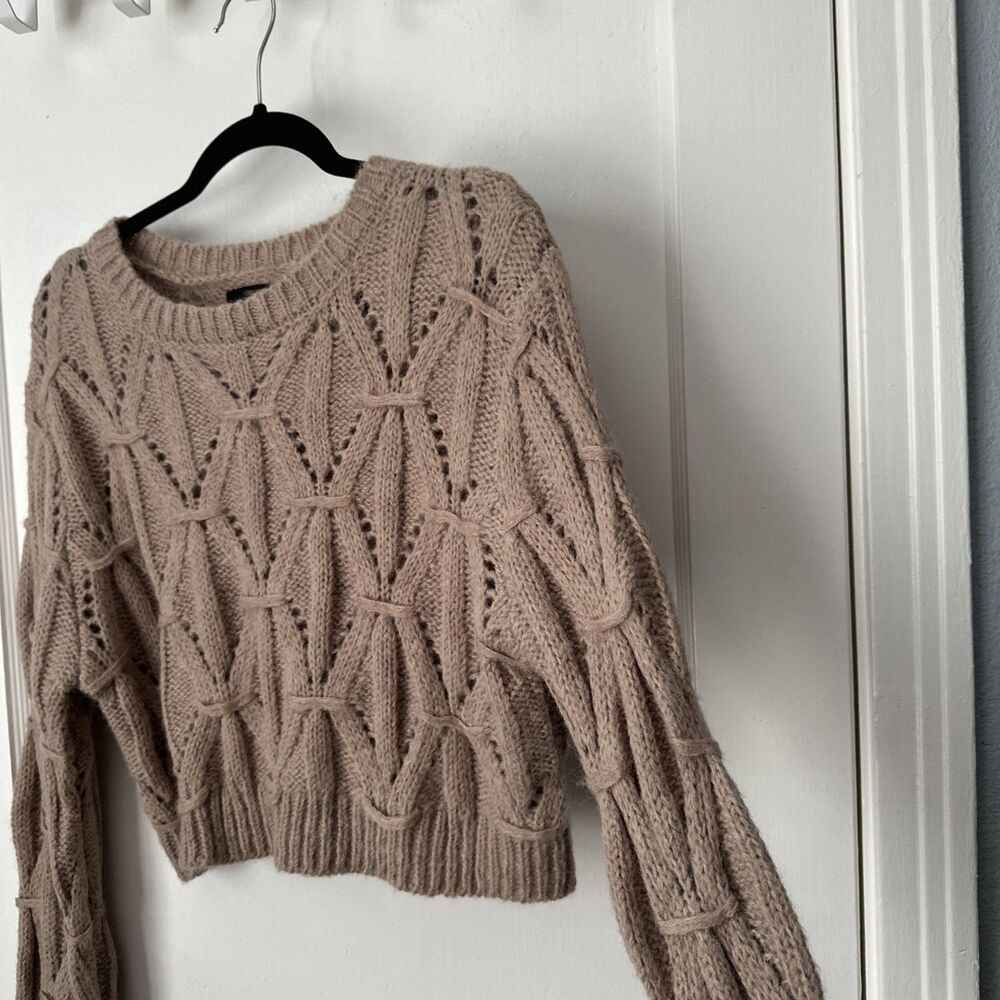 New Taupe Cropped Sweater Open Knit Women's XL - Picture 6 of 10